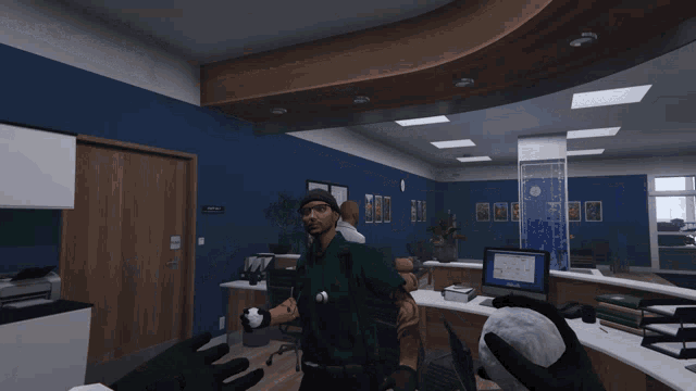 a man in a green uniform is talking to another man