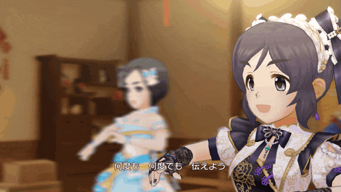 a girl in a maid outfit stands next to another girl in a blue dress