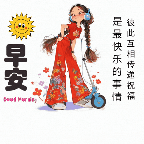 a cartoon of a girl wearing headphones and riding a scooter with the words good morning in the bottom right corner