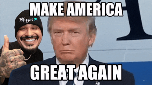 a man giving a thumbs up next to a picture of donald trump and the words make america great again
