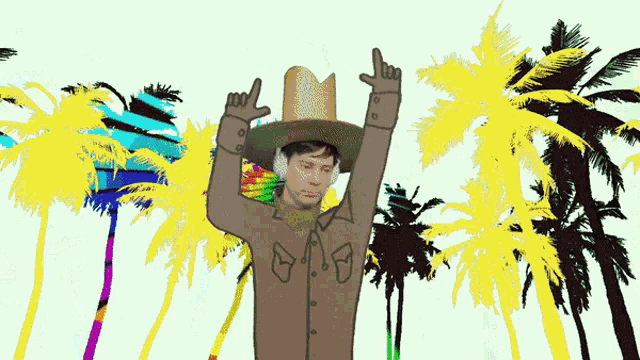 a cartoon of a man wearing a cowboy hat and a shirt with the letter o on it