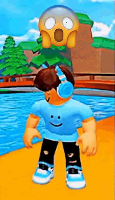 a boy wearing headphones and a blue shirt with a surprised face