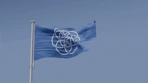 a blue flag with a white flower in the center