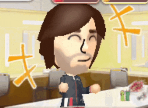 a cartoon character is standing in front of a table with a yellow sign that says x on it