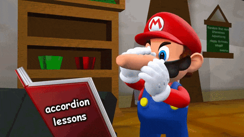 a cartoon of mario reading a book titled accordion lessons