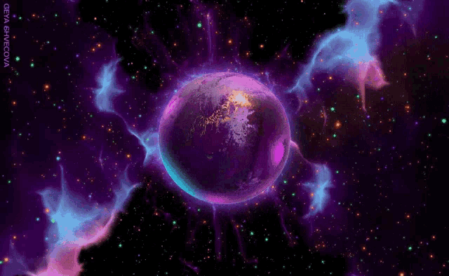 a computer generated image of a purple planet in a galaxy