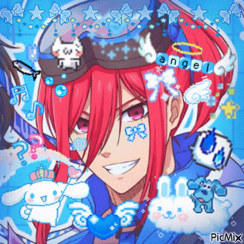 a pixel art drawing of a boy with red hair and the word angel on his head