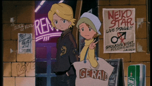 a couple of cartoon characters standing in front of a nerd star live stage sign