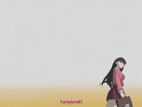 a girl holding a briefcase with the words " fairyland " on the bottom
