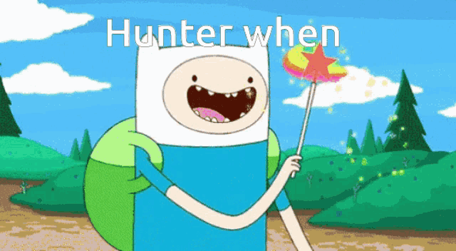 a cartoon character holding a wand with the words " hunter when " on it