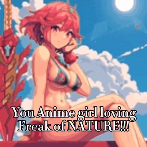 a girl in a bikini is sitting on a throne with the words `` you anime girl loving freak of nature !! ''