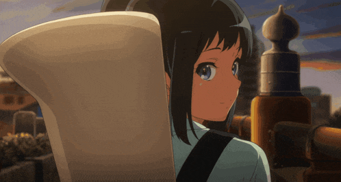 a girl with short hair and blue eyes is holding a large piece of paper