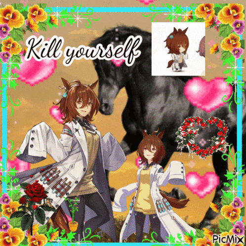 a picture of a girl and a horse with the words kill yourself on the bottom