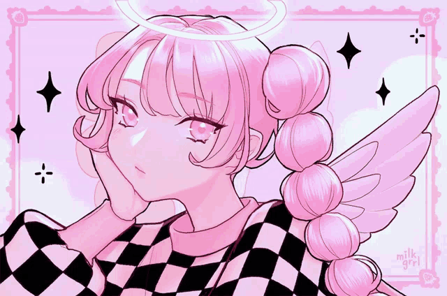 a drawing of a girl with pink hair and angel wings says milk girl on the bottom