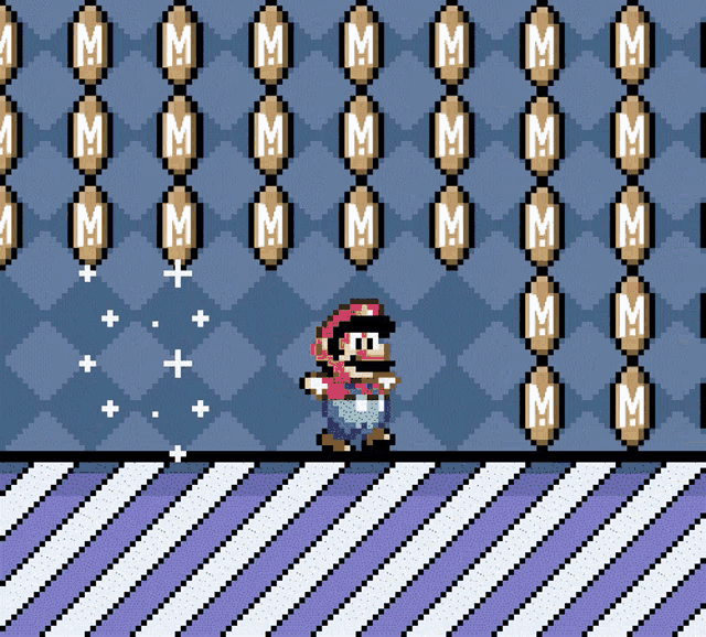 a pixel art of mario standing in front of a wall with letters m and m.
