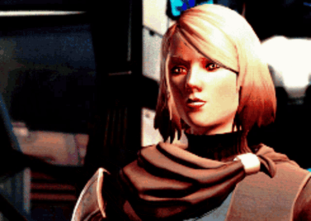 a woman with blonde hair and a scarf around her neck looks at the camera