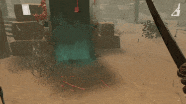 a video game scene with a door with the number 2 on it
