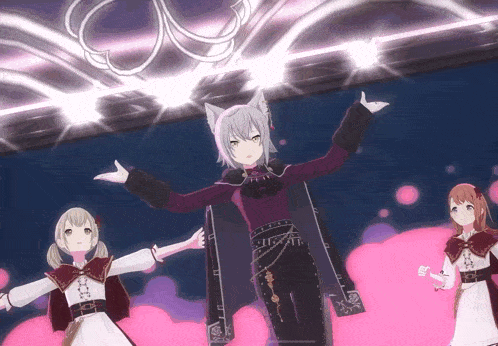 a girl with a cat ear on her head stands in front of two other girls