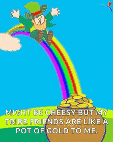 a leprechaun is sitting on a pot of gold under a rainbow .