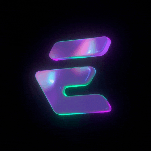 the letter e is glowing in the dark with a purple and green glow