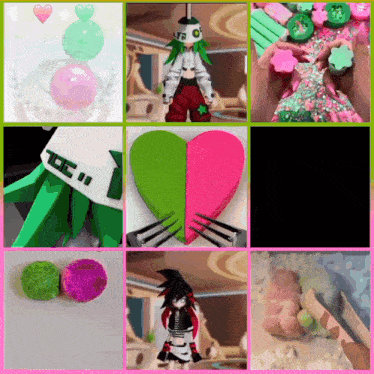 a collage of images includes a green and pink heart