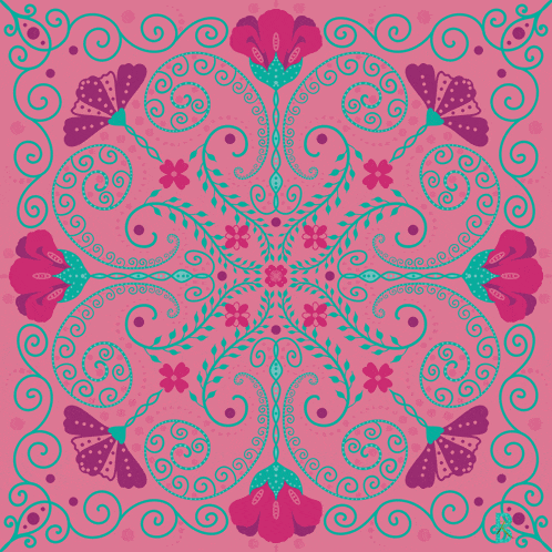 a pink and green pattern with flowers and swirls on it