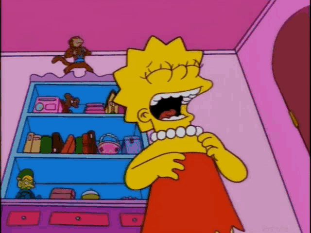 a cartoon of lisa simpson screaming in front of a shelf full of books