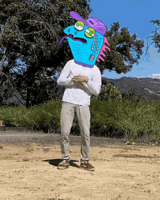 a person with a cartoon character on their head standing in a field