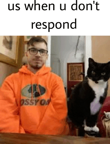 a man in an orange hoodie is sitting next to a cat .
