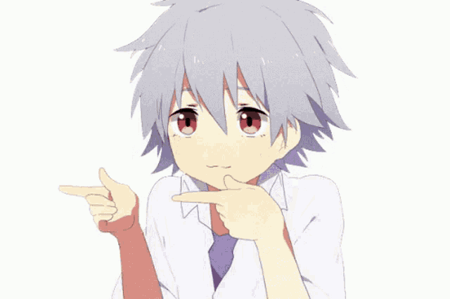 a boy with gray hair and red eyes is pointing
