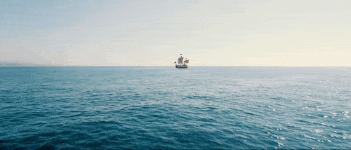 a boat in the middle of the ocean with a flag on top