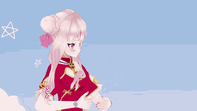 a girl with pink hair is wearing a red cheongsam with chinese writing on it