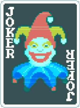 a pixel art of a joker playing card on a dark background