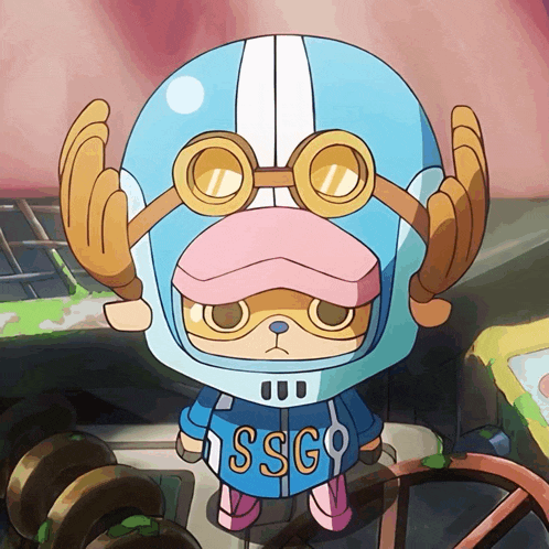 a cartoon character wearing a helmet and goggles with ssgo written on his shirt
