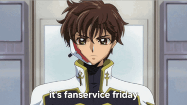 a picture of a boy with the words it 's fanservice friday below him