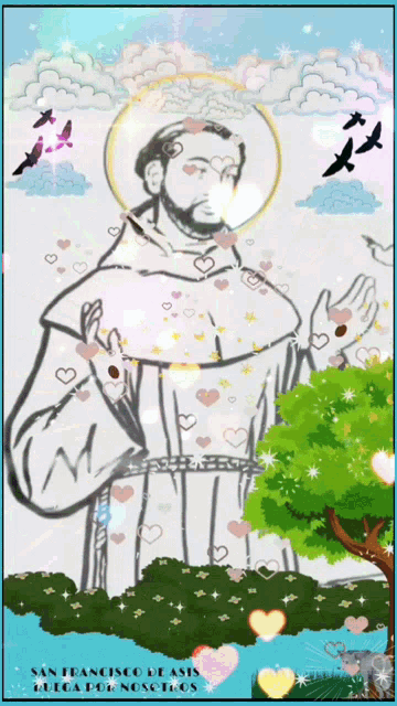 a drawing of san francisco de asis is surrounded by hearts