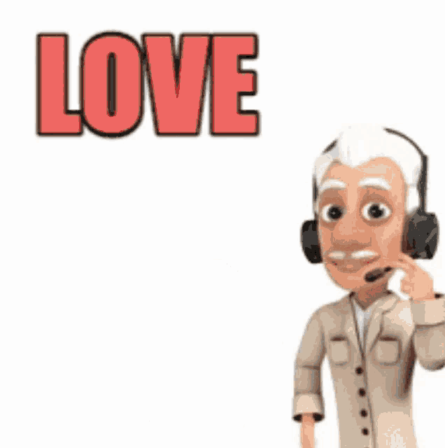 a man wearing headphones is talking to a boy in a mugshot with the word love above him