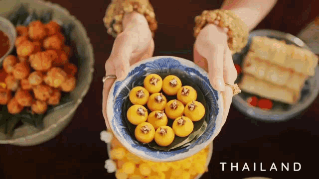 a person holding a bowl of food with the word thailand on the bottom right