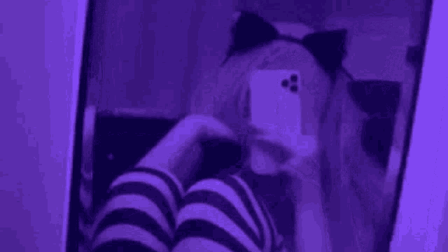 a girl is taking a picture of herself in a mirror with a cat ear headband .