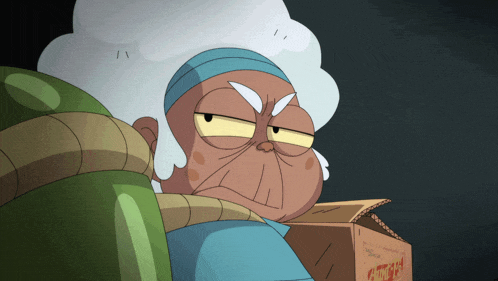 a cartoon drawing of an old woman holding a cardboard box that says " caution "