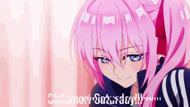 a girl with pink hair and blue eyes is smiling in front of a sign that says ' shimmori saturday ' on it