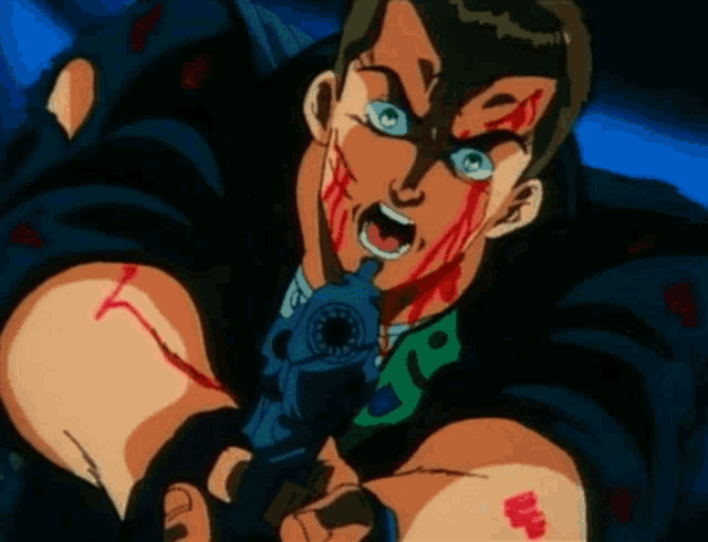 a man with blood on his face is holding a gun in his hand