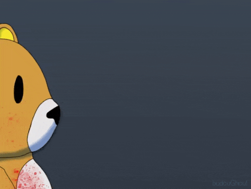 a cartoon teddy bear holding a bloody knife with the words bubughou on the bottom right