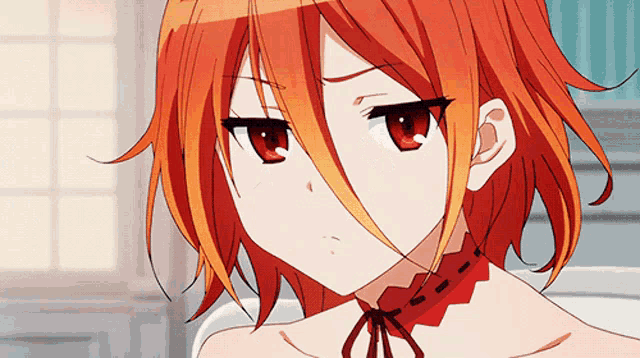 a girl with red hair and red eyes is wearing a red choker