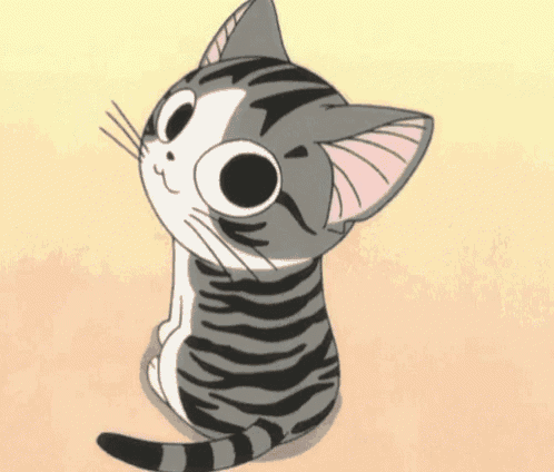 a cartoon cat is sitting down and looking up at the camera
