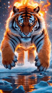 a tiger is standing in the water with flames coming out of its mouth .