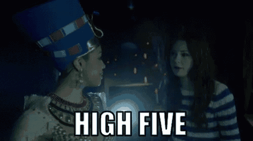 two women standing next to each other with the words high five written on the bottom
