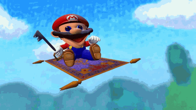 mario is flying on a magic carpet with a key