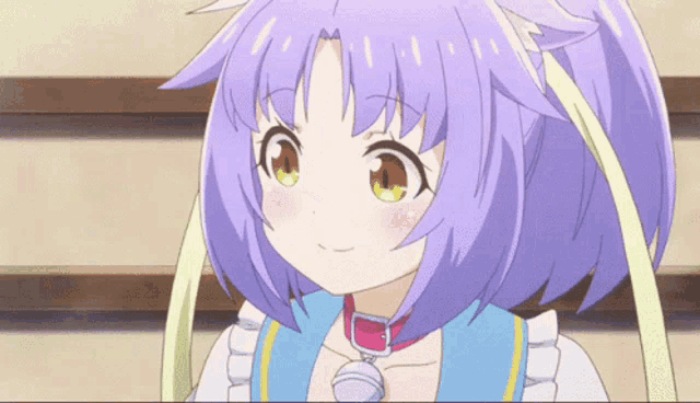 a girl with purple hair is wearing a bell necklace