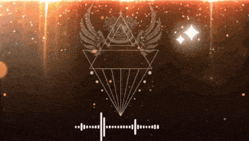 a triangle with wings and a crown on it is on a dark background